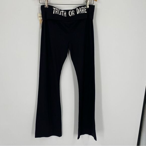 Feathers Women’s Folded Waist Black Leggings ‘Truth or Dare’ printed size M - Picture 3 of 3